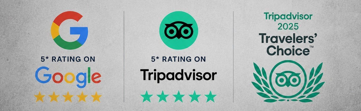 Lockdown Escape Rooms Ormskirk displaying 5-star Google and TripAdvisor ratings alongside the 2025 TripAdvisor Travellers' Choice award on a subtle grey textured background.